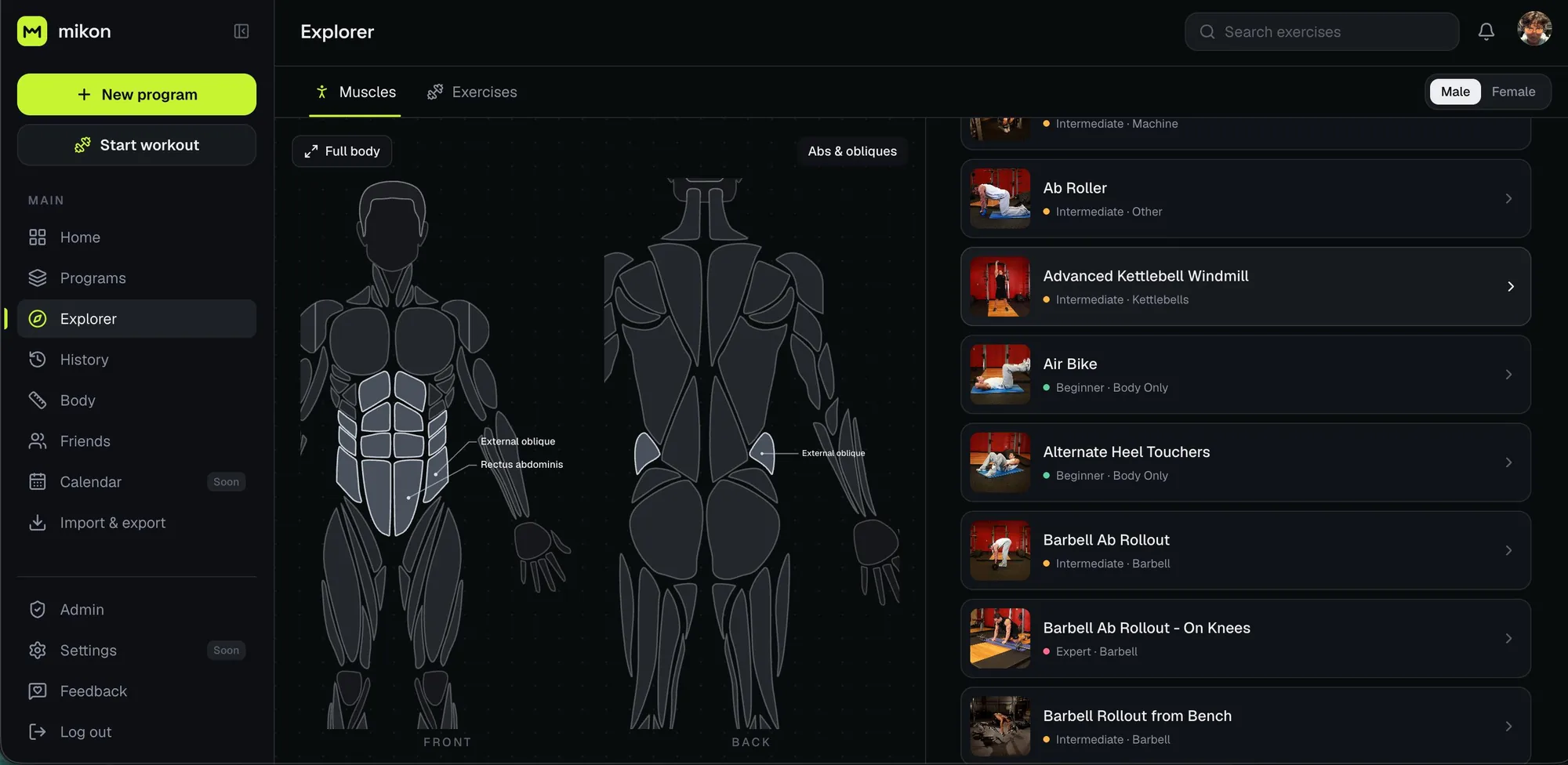 Mikon muscle explorer with front and back body maps highlighting the abs and obliques next to matching exercises