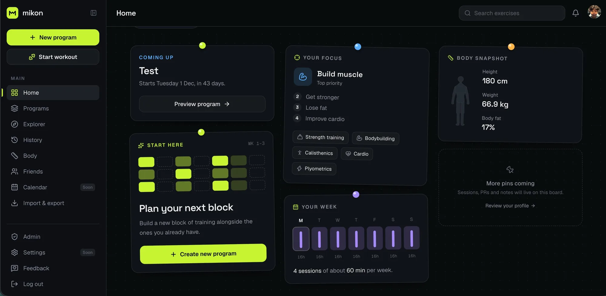 Mikon home dashboard with the upcoming program, training focus, body snapshot and weekly schedule