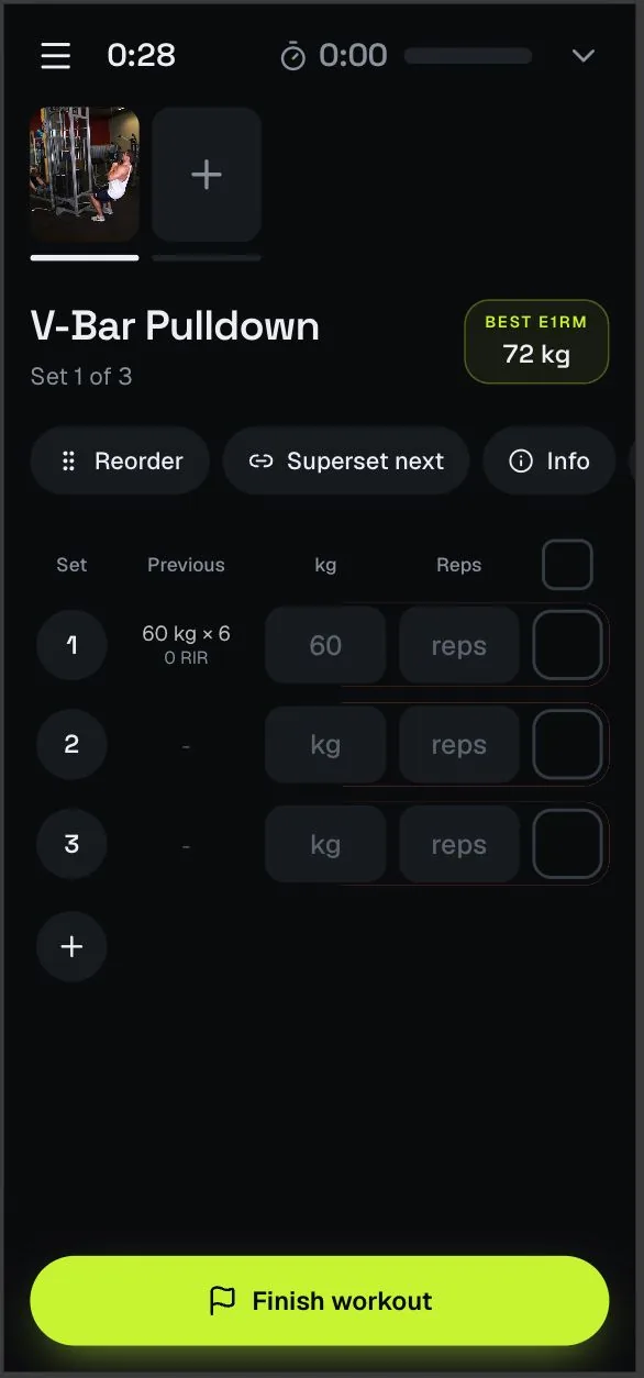Mikon mobile workout logger tracking sets of V-bar pulldowns with previous weights and best estimated one-rep max