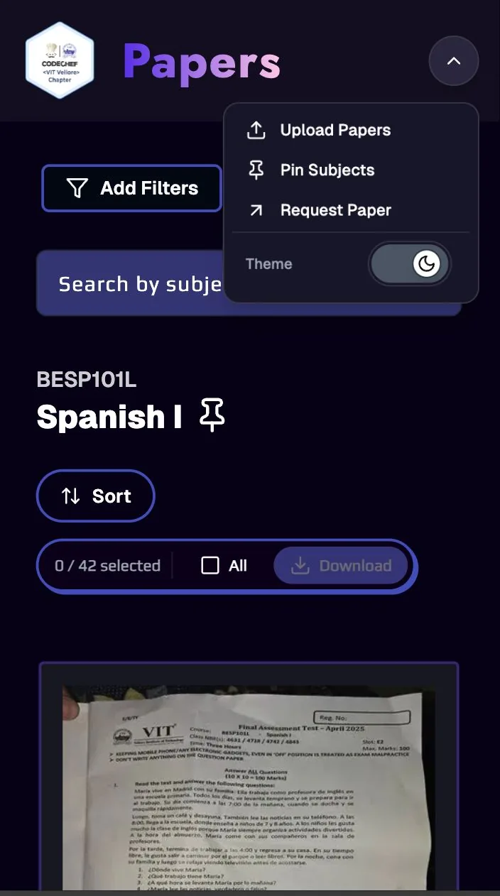 Papers mobile view showing the Spanish I subject page and the navigation menu
