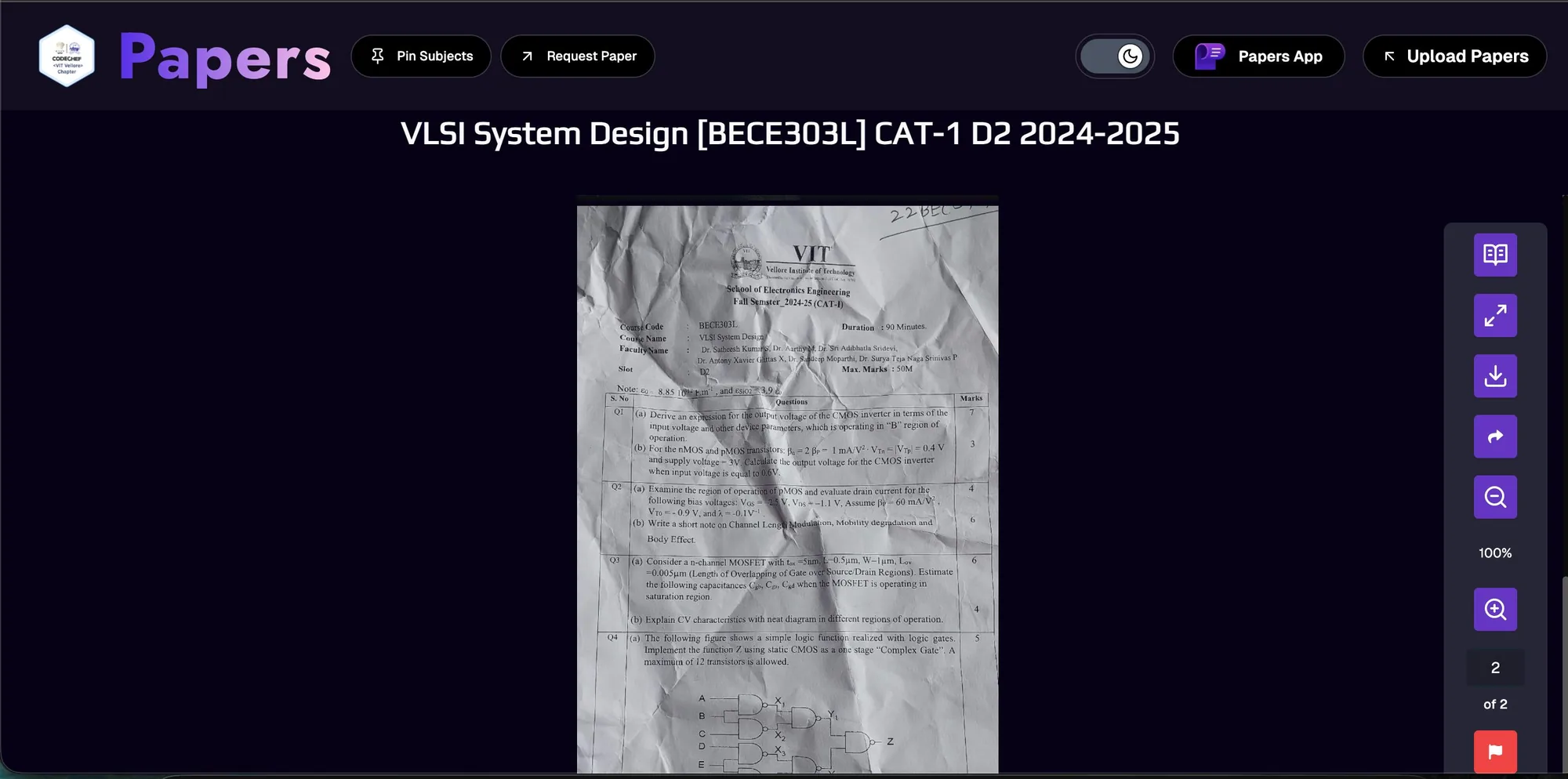Papers viewer displaying a VLSI System Design CAT-1 question paper with zoom, download and share controls