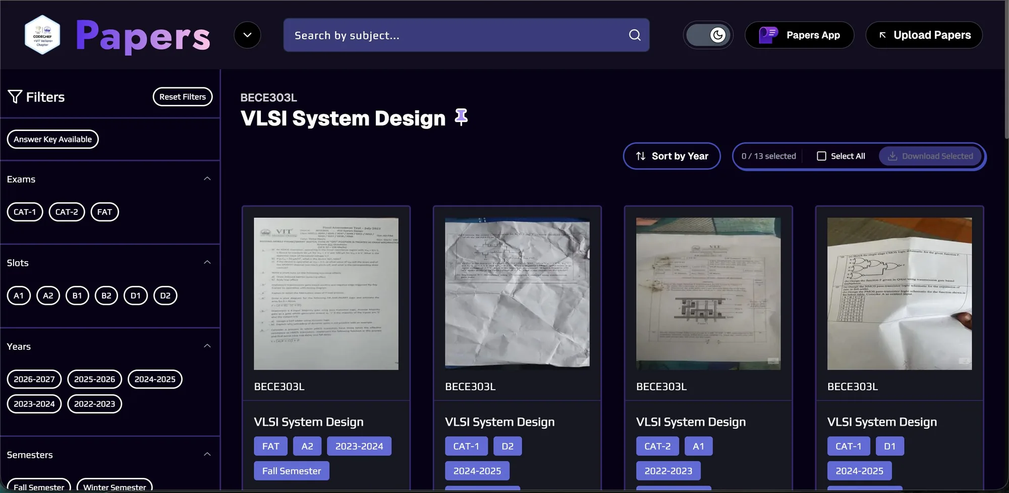 Papers by CodeChef-VIT subject page listing VLSI System Design exam papers with filters for exam, slot and year